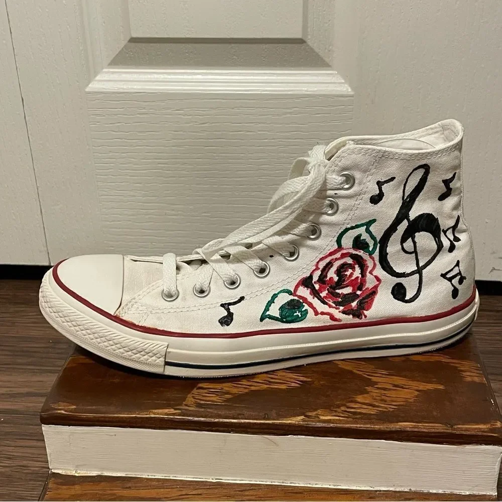 Converse Custom Painted Rose Music Piano Sneakers White Red Green Men 10 Wom 12 - Picture 5 of 14
